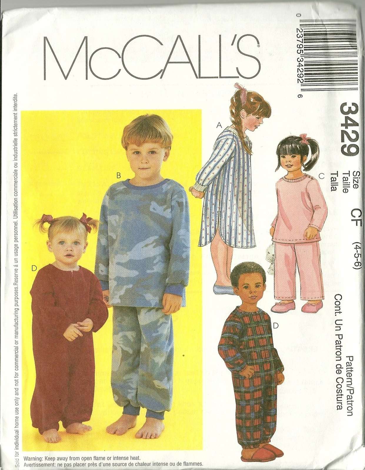 Primary image for McCall's Sewing Pattern 3429 Childrens Girls Boys Pajamas PJs Size 4 5 6 New 