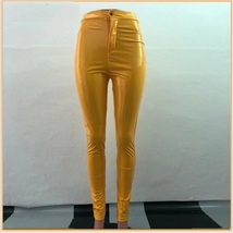 Bright Yellow Tight Fit Faux Leather High Waist Front Zip Up Legging Pencil Pant
