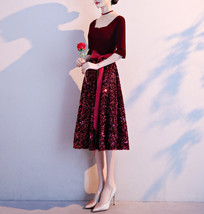 Burgundy Wine Red Half Sleeve Velvet Midi Dress High Waist Bridesmaid Midi Dress image 5