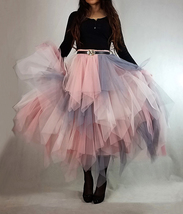 Pink Layered Tulle Midi Skirt High Waisted Midi Tulle Ruffle Skirt Custom