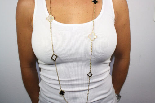 9 Hand Crafted Mother of Pearl and Onyx Quatrefoil Motif Necklace - $125.00