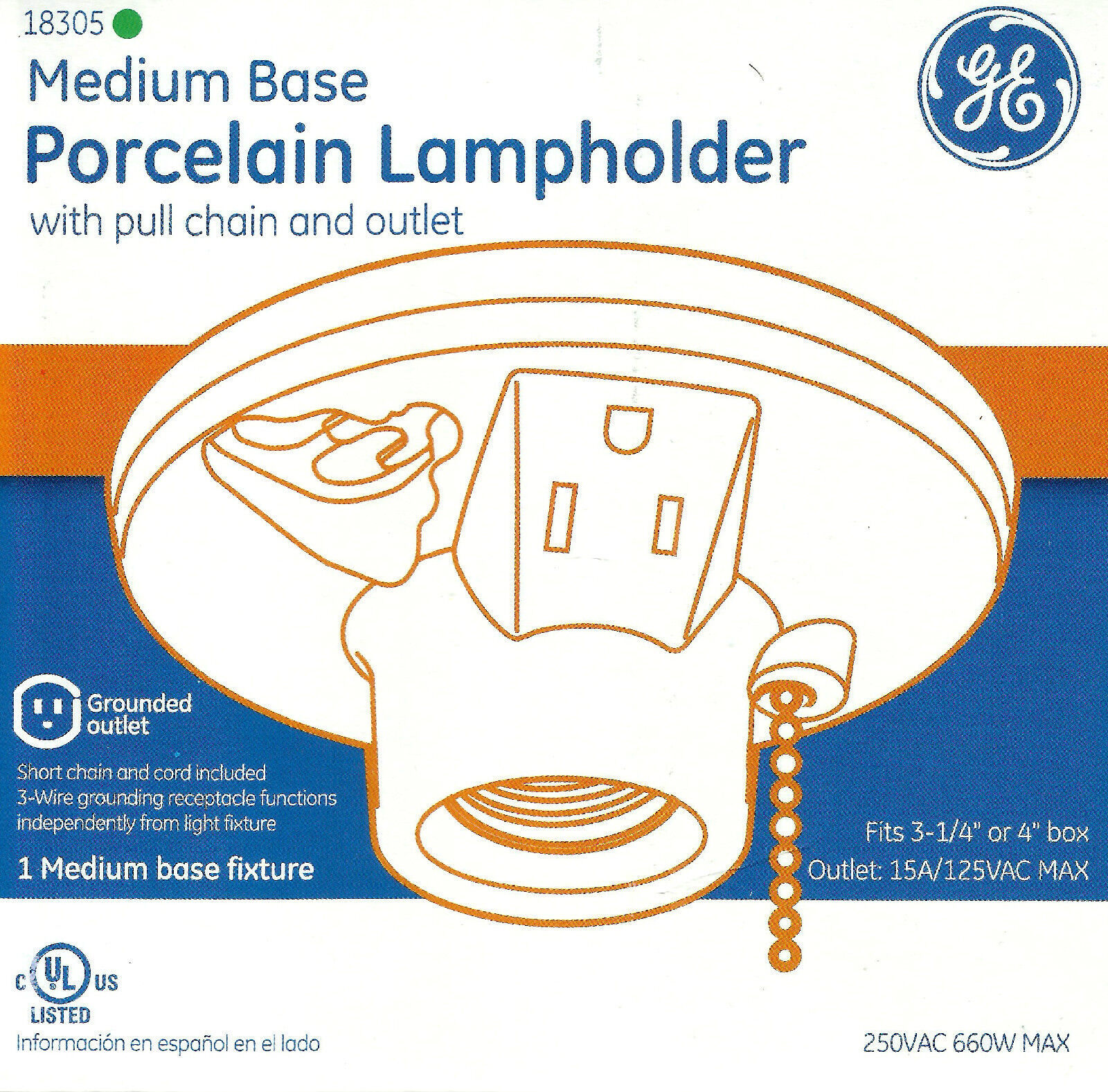 GE Porcelain Light Bulb LAMPHOLDER Fixture Keyless Pull chain or