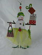 Tin Snowman woman 7" Lady Shopping for Christmas Ornament  Very cute - $12.86