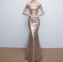 Women Gold Off Shoulder Short Sleeve Maxi Sequin Dress Plus Size Sequin Dresses image 1