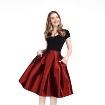 Women Pleated Midi Skirt A-Line Ruffle Taffeta Skirt Outfit - Burgundy,Plus Size