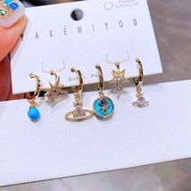 Trendy 6pcs Mix Blue Stone Crystal Star Dangle Earrings Ear Cuff Set Gold Color  - $18.48