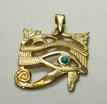 Egyptian carving Handmade Blue Eye Of Horus 18K Yellow Gold Pendant 6 Gr - $577.00