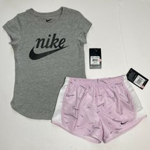 Nike Girls Tee Shirt & Dri-Fit Swooshfetti Tempo Shorts Set Outfit Grey Pink 6X - $26.00