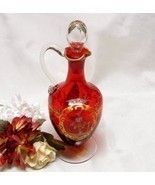 2715 Victorian Art Glass Hand Painted Gold and Ruby Red Cruet With Stopper - $75.00