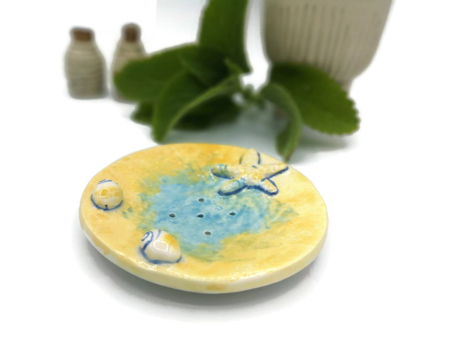 Starfish Ceramic Self Draining Soap Dish, Starfish Soap Dish/Sponge Holder