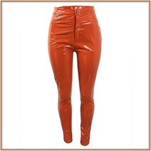 Bright Orange Tight Fit Faux Leather High Waist Front Zip Up Legging Pencil Pant image 2