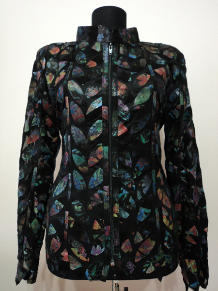 Primary image for Flower Pattern Black Leather Leaf Jacket Women All Colors Sizes Genuine Short D4