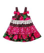 Youngland Girls 4T-6 Brown Pink Tiered Mixed Media Floral Summer Dress S... - $12.99