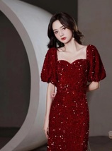 WINE RED Sequin Maxi Dresses Empire Half Sleeve Wedding Maxi Sequin Dresses  image 2