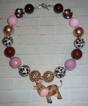 Brown Cow Enamel Pendant on Chunky Bubble Gum Bead Necklace for Girls - $20.00