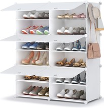 UNZIPE Shoe Rack Organizer, 4 Cube 8 Tier Covered Shoe Rack Cabinet 16 Pair Freestanding DIY Storage Shelves Plastic Shoe Rack for Clos