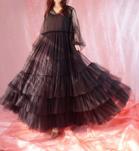 Women Black Maxi Dress Gown Long Sleeve Loose Tiered Tulle Party Dress Plus Size