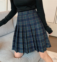 Knee Length Pleated Plaid Skirt Women Plus Size Navy Black Pleated PLAID SKIRTS image 3