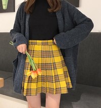 Women Girl YELLOW Pleated Plaid Skirt Plus Size School Style Yellow Skirt Outfit