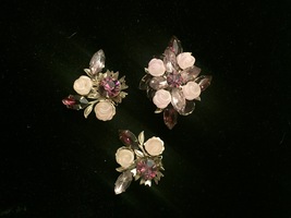 Vintage Hope Chest purple cluster gems brooch and clip on earrings set