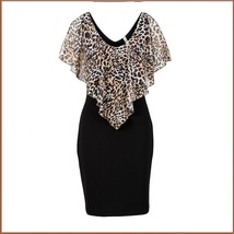 Leopard Print Ruffled Sheer Chiffon Collar Sleeveless Black Pencil Mini Dress image 2