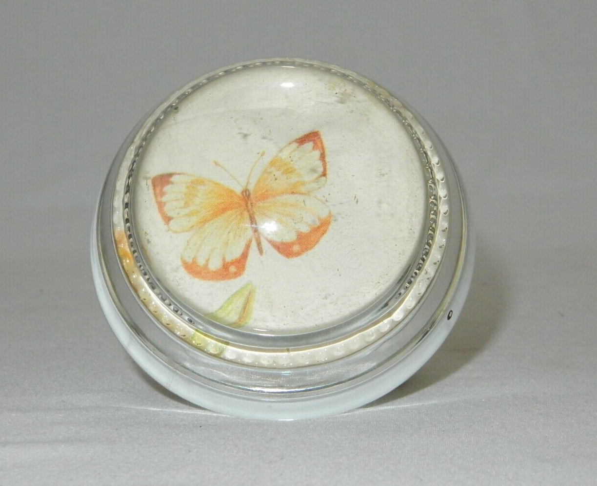 Glass Dome Paperweight, Pink Butterfly, Changeable, Vintage Desk