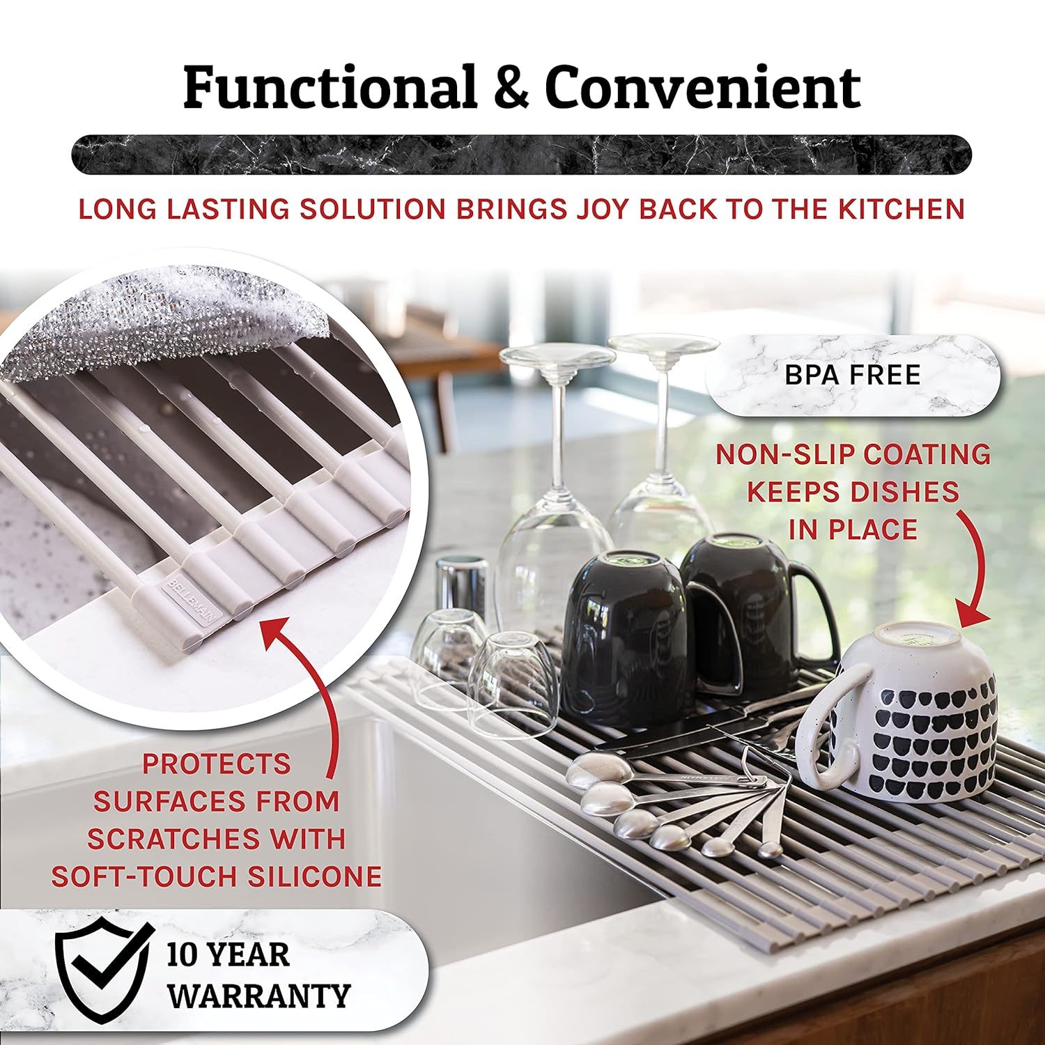 Bellemain Over The Sink Dish Drying Rack, Silicone Dish Drying Mat, Space  Saving Drying Rack for Kitchen Counter, Stainless Steel Dish Rack Over Sink