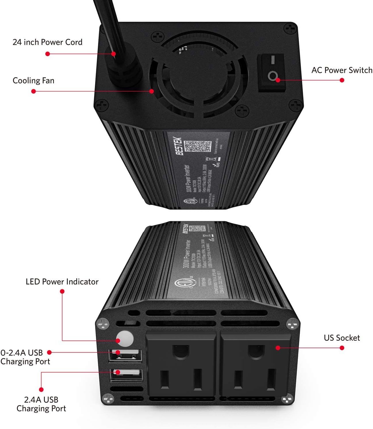 BESTEK Power Inverter150W 12V Power Inverter With 3.1A Dual USB Charging  Ports For Car