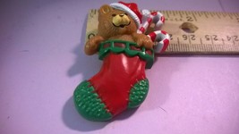 1985 Hallmark Cards Lapel Pin Teddy Bear & Candy Canes in a Stocking 2" Long - $2.00