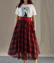 Womens Red Plaid Skirt Long Tulle Plaid Skirt - Red Check,High Waist, Plus Size image 4
