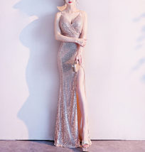 Sleeveless Sexy Sequin Dress V Neck High Slit Sequin Maxi Dress Gown Pink Gold