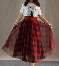 Womens Red Plaid Skirt Long Tulle Plaid Skirt - Red Check,High Waist, Plus Size image 8