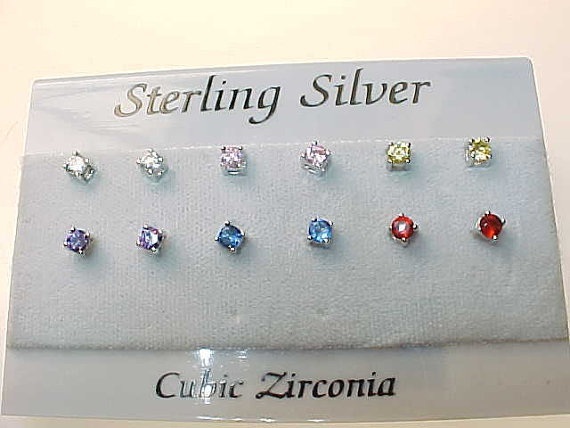 CUBIC ZIRCONIA Stud Earrings in STERLING Silver - 6 pairs - Multi Colors - $55.00