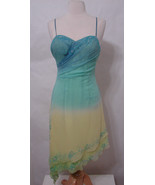 MAGGIE SOTTERO Dress Flirt 100% Silk Teal Yellow Beaded Asymmetrical Hem 4 - $224.99