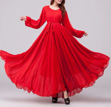Lady Plus Size Long Chiffon Dress Oversized Summer Holiday Dress,Long Sleeve,Red