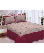 ANNA FLOWERS EMBROIDERED BURGUNDY &amp; TAUPE BEDSPREAD COVERLET SET 3 PCS K... - $53.46