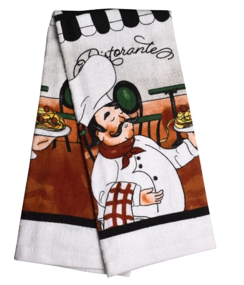 Set of 2 Same Printed Velour Kitchen Towels(15x25)FAT CHEF WITH PIZZA  PIE, K&C