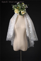 Elbow Length Wedding Bridal Veils Layer Moon Star Pattern Lace Tutu White Veils  image 5