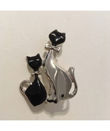 Double Kitty Cats Pin Brooch 2 Kitties Vintage Silver Metal Black Enamel... - $20.00