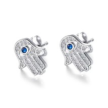 Silver CZ Hamsa Evil Eye Stud Earrings Stainless Steel Protection Jewelr... - $18.36