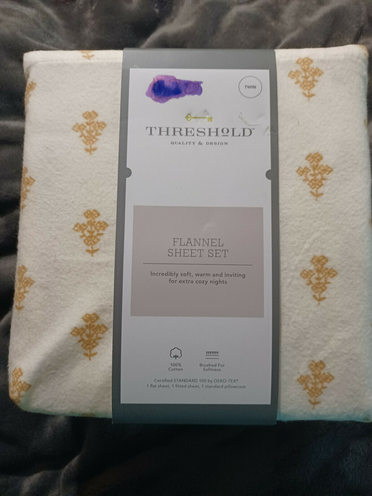 Printed Gold Flower Fall Twin Flannel Sheet Set Threshold New in Package - $29.65