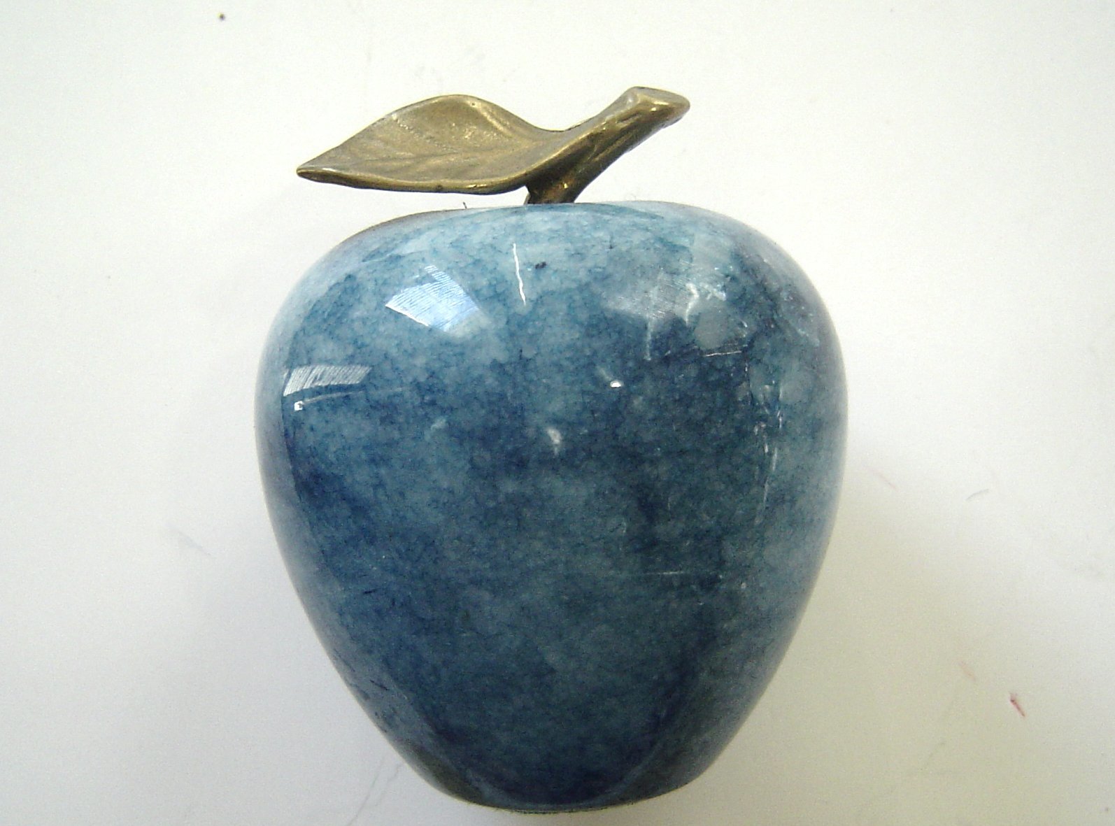  Vintage Marble Apple Paperweight Blue Apatite Apple with Brass Stem & Leaf  - $19.99