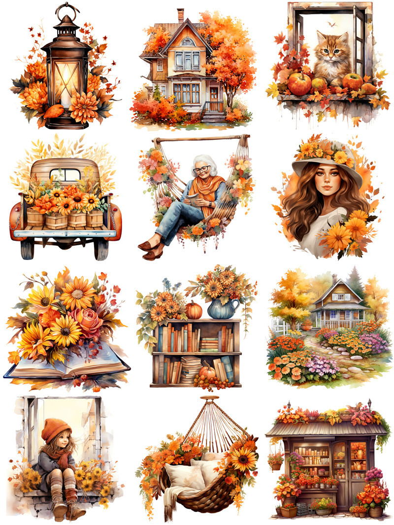 Autumn Fall Leaves Stickers Girl Pumpkin Sunflower Cat Scrapbook