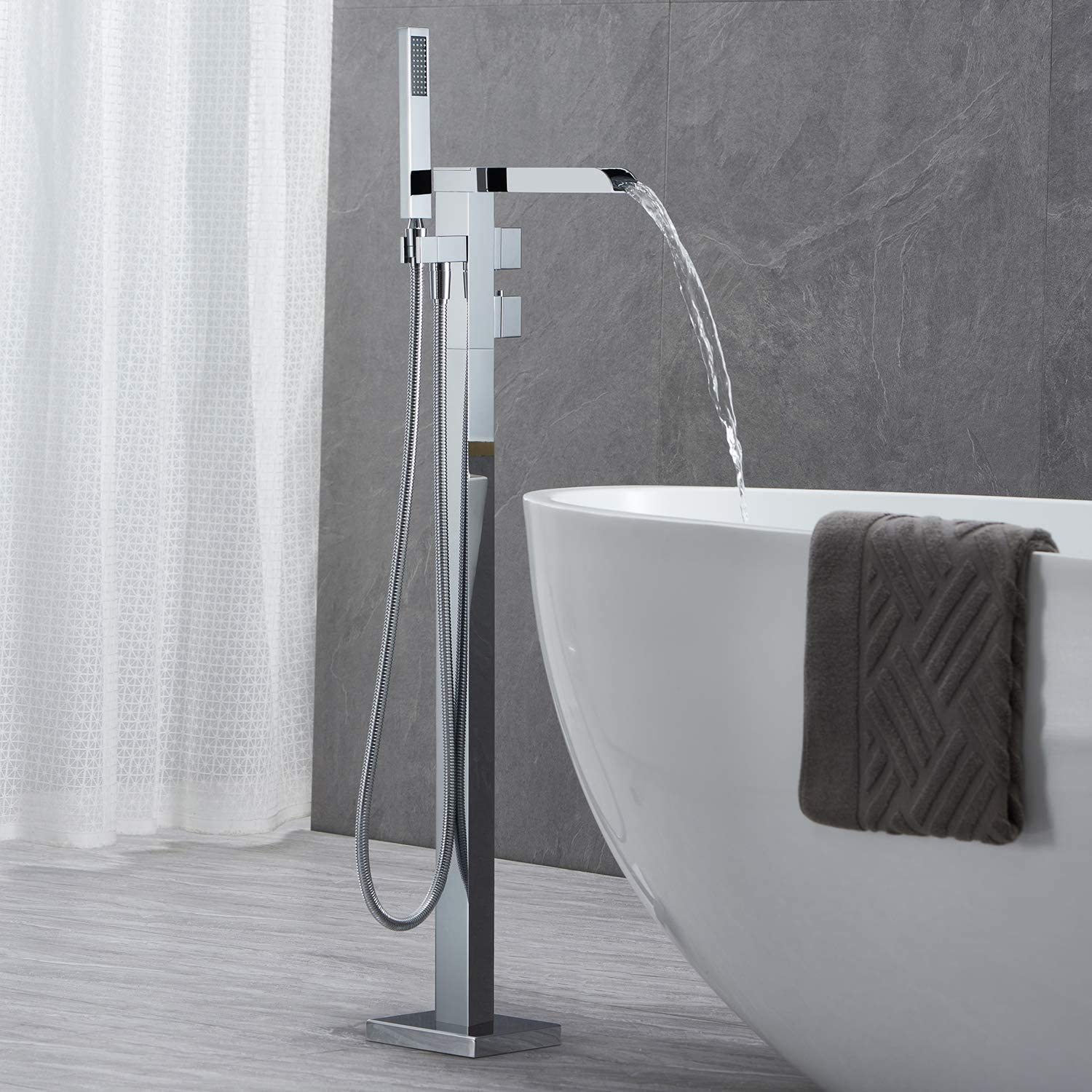 Wowkk Thermostatic Freestanding Bathtub Faucet Waterfall Tub Filler Chrome Floor Bathtub