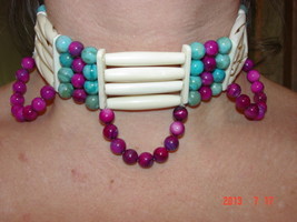 Handmade Bone Choker Necklace w/Turquoise &amp; Pink Iridescent River Shell ... - $49.99