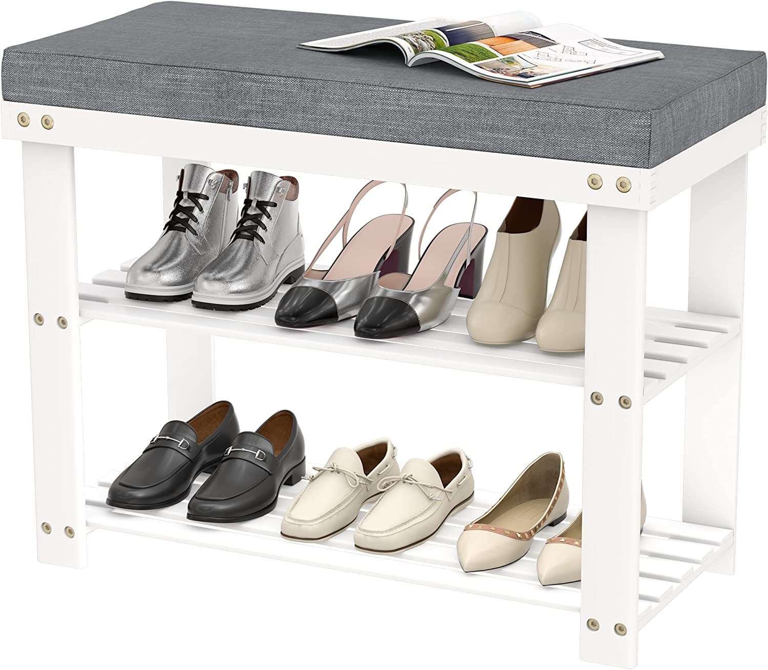 Domax White Shoe Rack Bench for Entryway - Bench with Shoe Storage Front Door Shoe Bench with Cushion Upholstered Padded Seat 3 Tier Bamboo Shoe