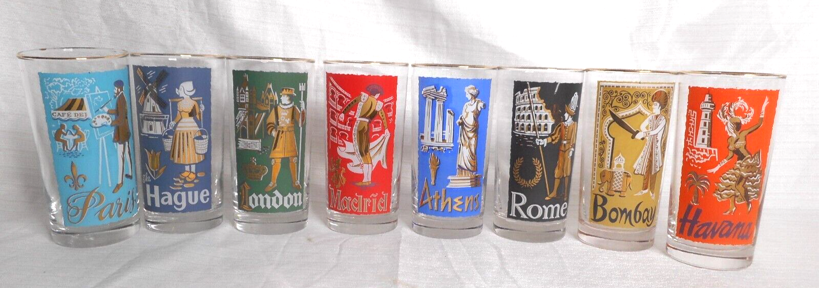 Vintage Libbey International Cities of The World Set8 MCM Highball Glasses 12oz Drinkware