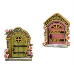 Fairy Door Statues Set of 2 Resin Cobblestone and Floral Detailing 6.7" High image 1