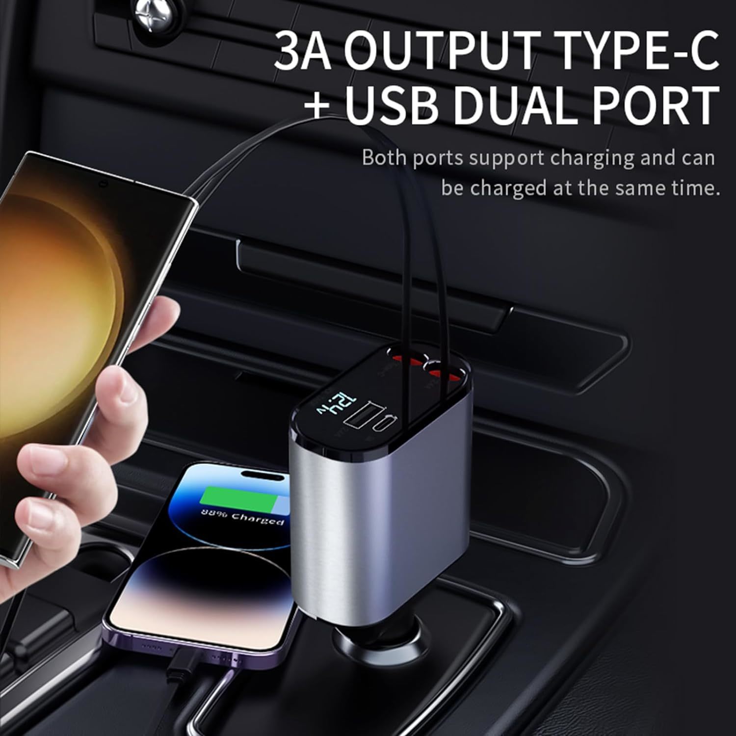 4 in 1 retractable car fast charger for iphone & android