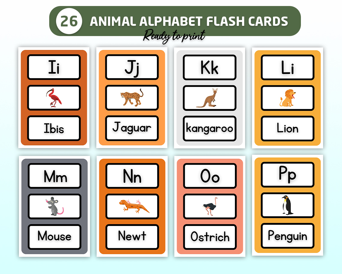 ABC Animal Flash Cards, Learn ABCs, Animal Alphabet Flashcards, AZ